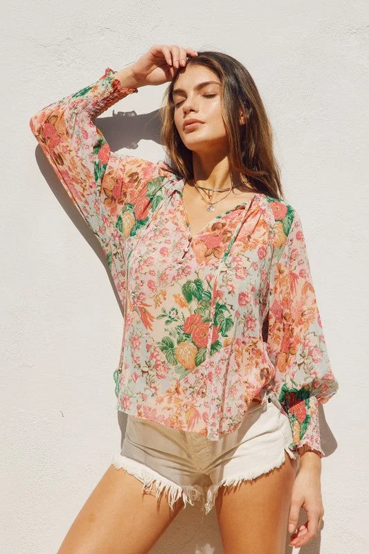 Liz Long Sleeve Floral Print Top Blush