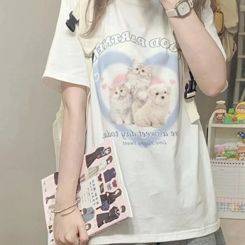 Lunivop Japanese Style Cat Print White T-shirts Women Sweet Kawaii Cute Short Sleeve Tees Harajuku Fashion Oversized Loose Tops