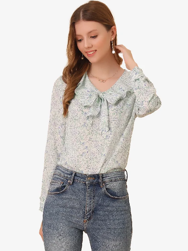 Ruffle Tie Neck Top Elegant Chiffon Floral Blouse