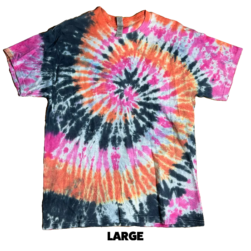 Tie Dye T-Shirt - Orange Pink Black Spiral LARGE