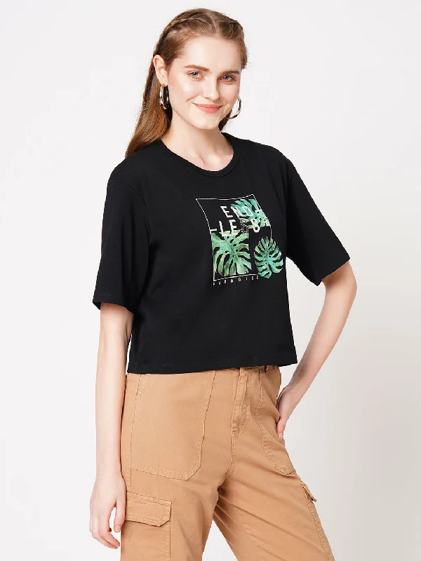 Women Slim Fit Black Crop Chest Print T-Shirt