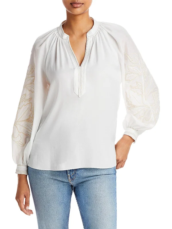 Womens Embroidered Split Neck Blouse