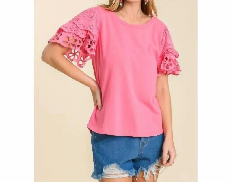 Women's Eyelet Sleeves Top In Bubble Gum