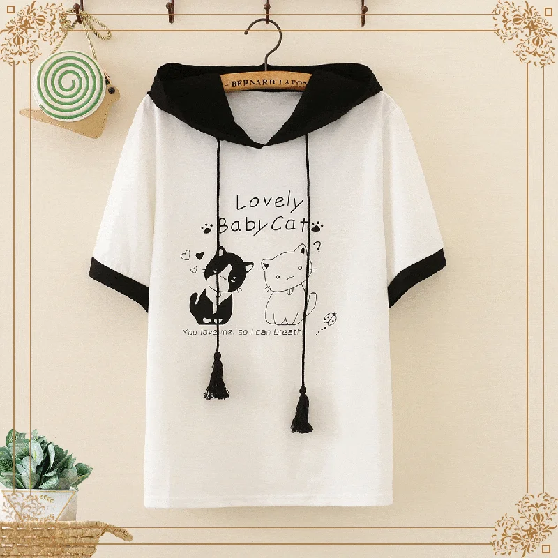 Women's Kawaii  Contrast Color Cats Printed Tees With Hood