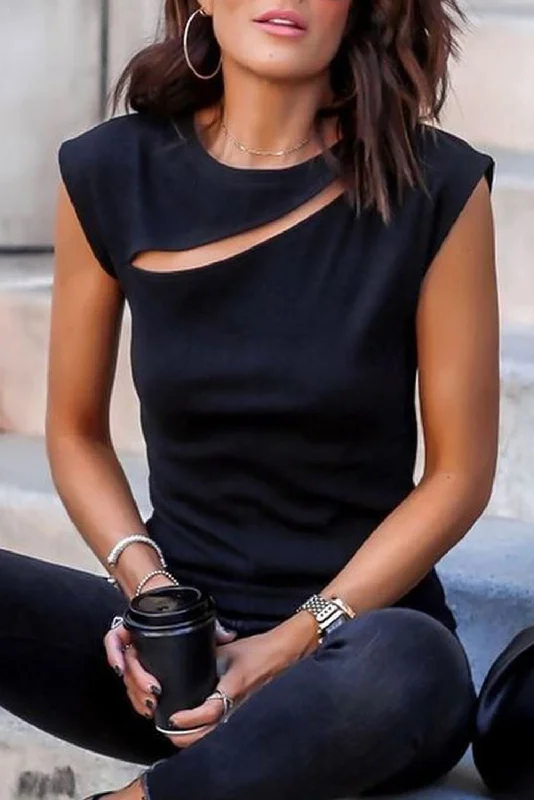 Black Solid Slash Cutout Summer Sleeveless Top