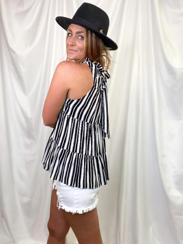 Black Striped High Neck Baby Doll Sleeveless Top