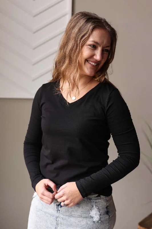 Black V-Neck Long Sleeve Layering Top