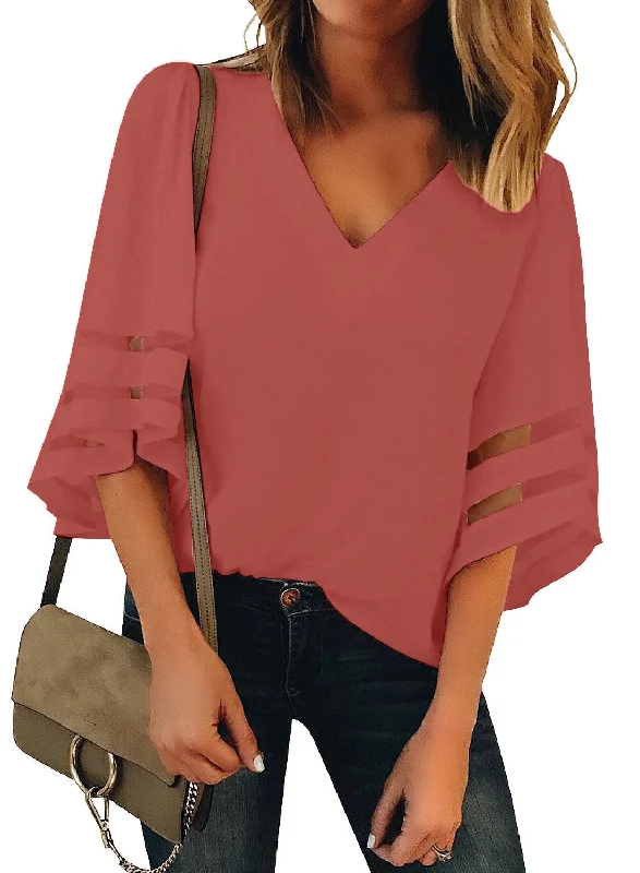 Women's V Neck Mesh Panel Blouse 3/4 Bell Sleeve Loose Top Shirt