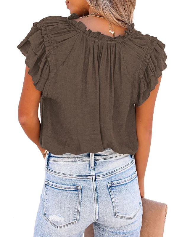 Women's Casual V Neck Tops Ruffle Flutter Shirt Cap Sleeve Blouse