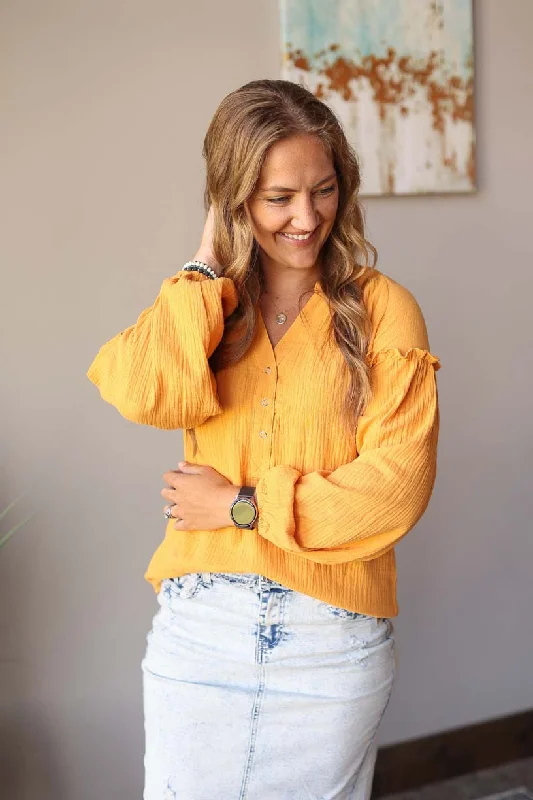 Mustard Balloon Long Sleeve Crinkled Top • S, M