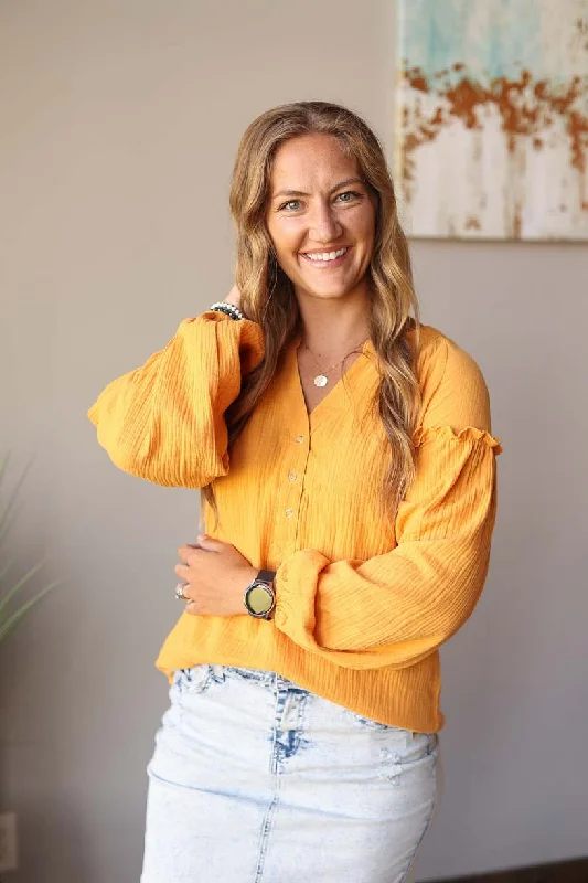 Mustard Balloon Long Sleeve Crinkled Top • S, M