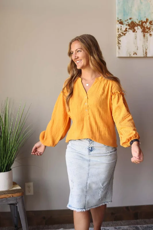 Mustard Balloon Long Sleeve Crinkled Top • S, M