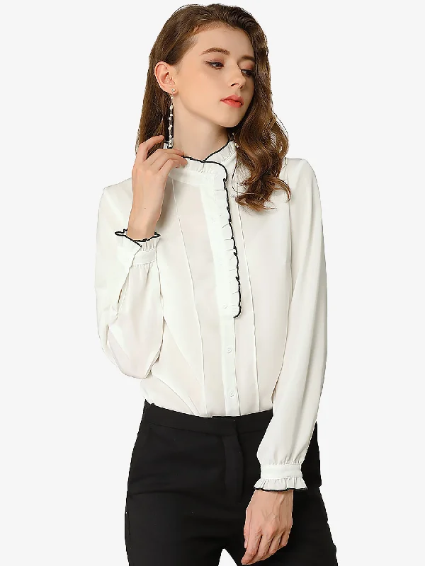 Work Office Long Sleeve Ruffled Stand Collar Blouse