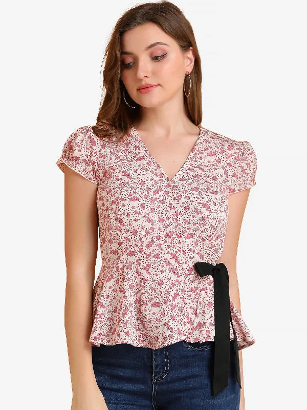 Floral Print V Neck Blouse Tie Waist Cap Sleeve Warp Peplum Top