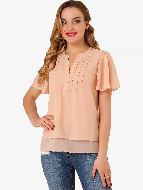 Chiffon Top Butterfly Sleeve Loose Casual Pintuck Blouse