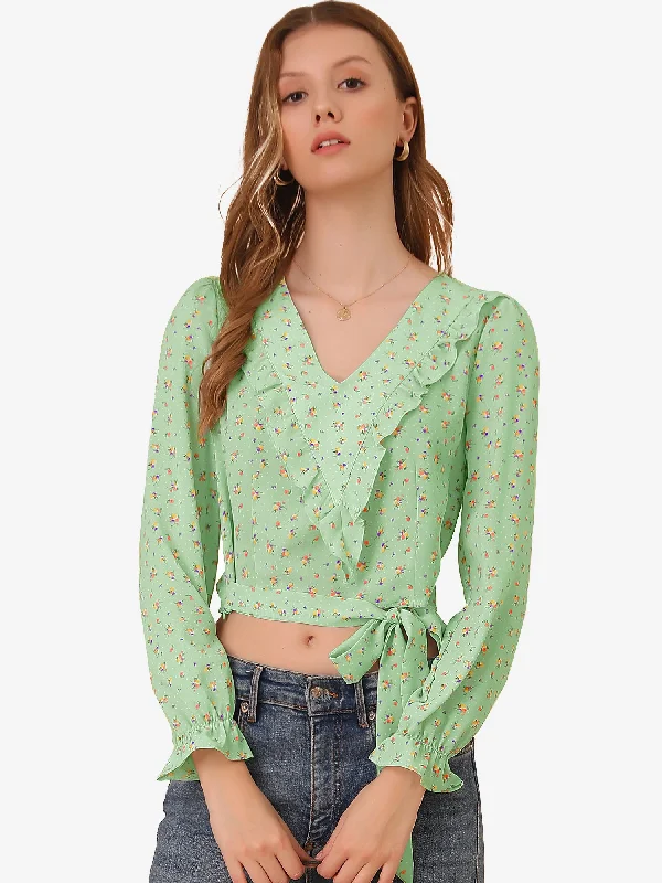 Floral Bow Tie Long Sleeve Ruffle V Neck Crop Top Blouse