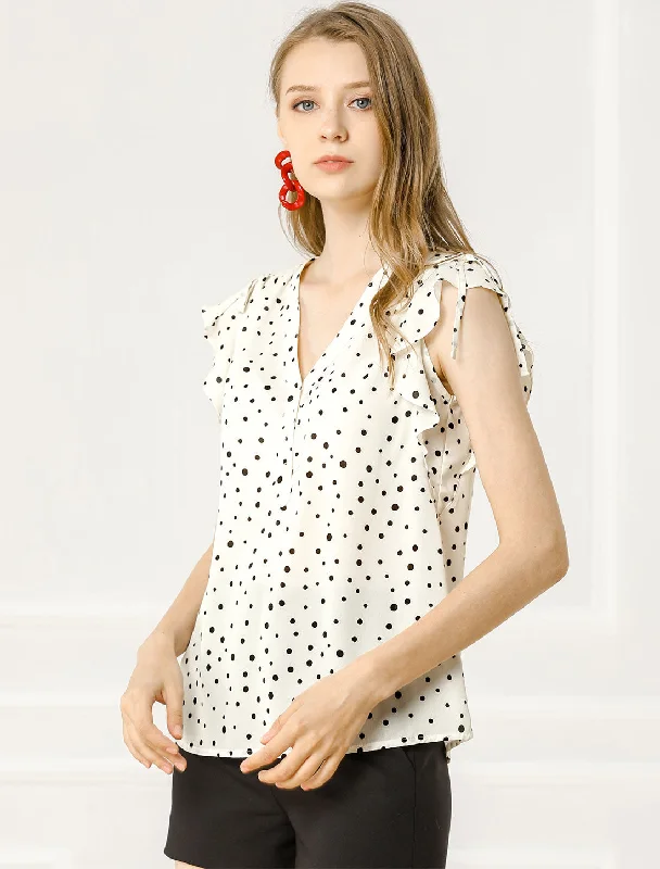 Polka Dot Ruffle Chiffon V Neck Cap Sleeve Summer Blouse