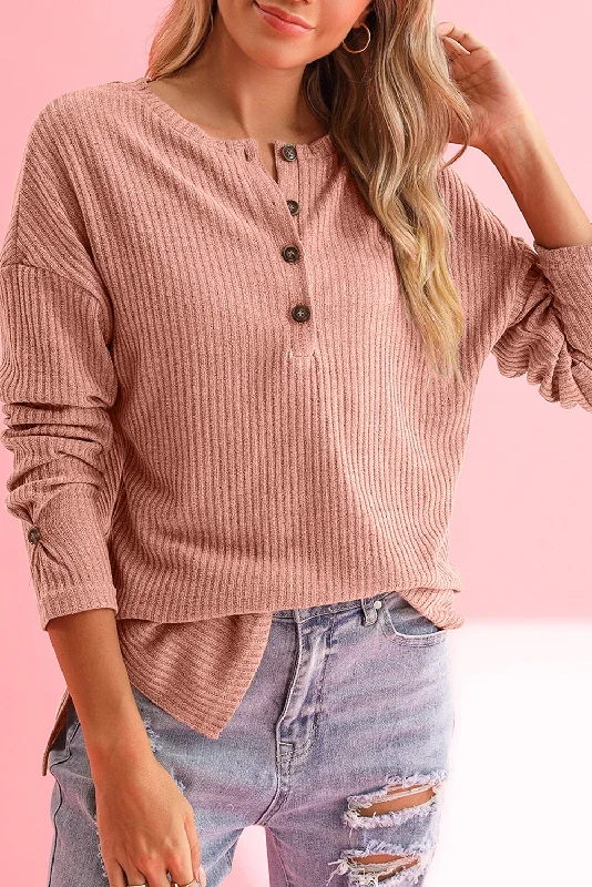 Rose Drop Shoulder Ribbed Knit Long Sleeve Henley Top