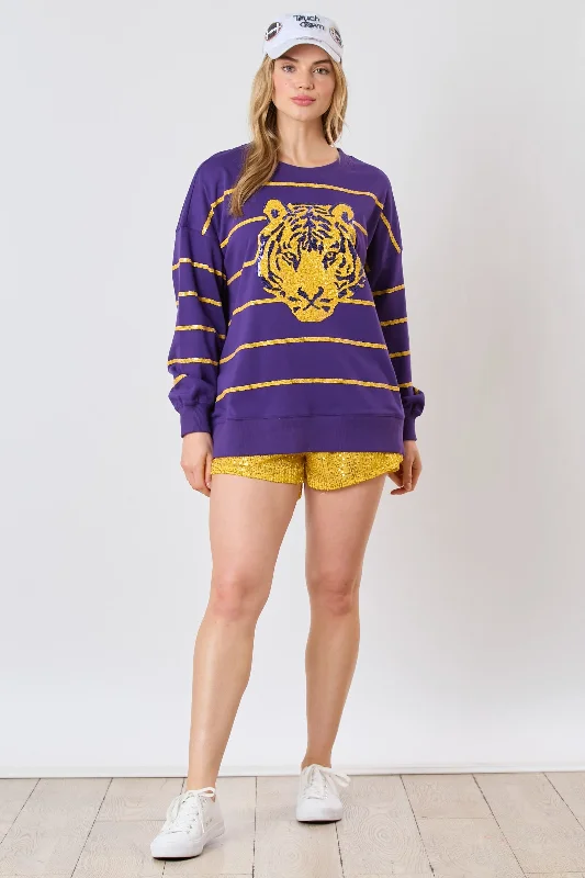 Women's Pullover Tiger Head Sequined Striped