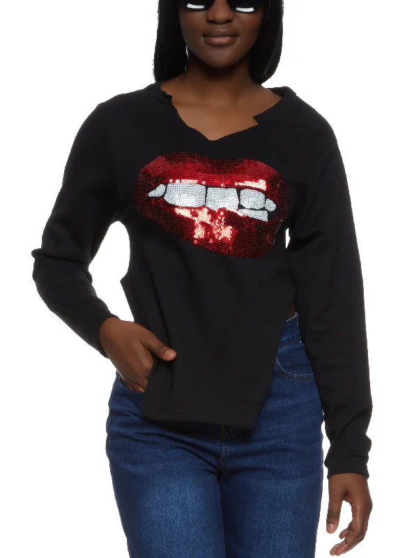 Lip Sequin Notch Neck Sweatshirt