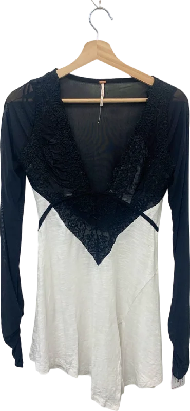 Free People Black/White Sheer Lace Patchwork Tie-Back Top S