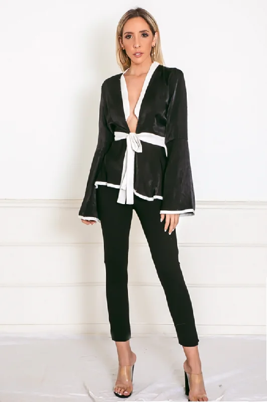 Satin Kimono Top with Tie Waist