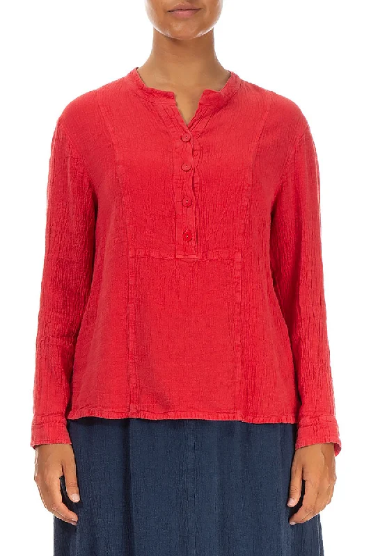 Stand Collar Poppy Red Linen Viscose Blouse