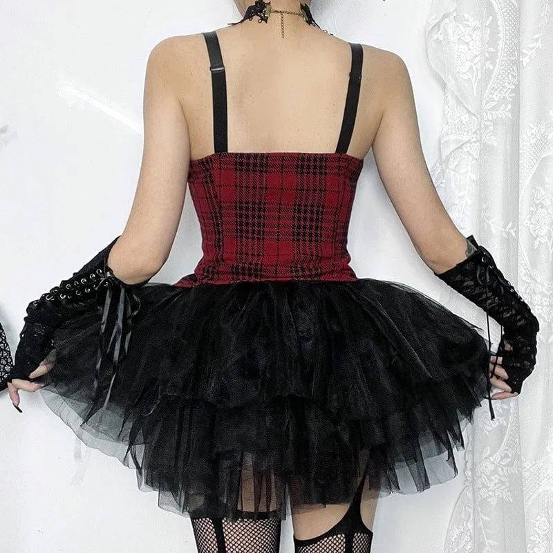 Women's Gothic Lace Splice Split Plaid Tank Top