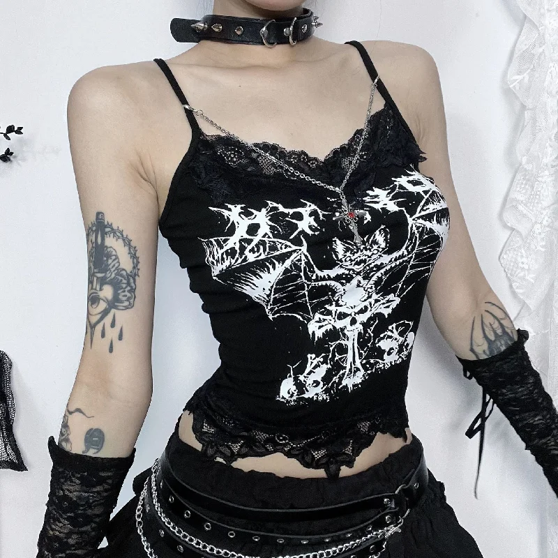 Women's Punk Bat Printed Lace Hem Tank Top