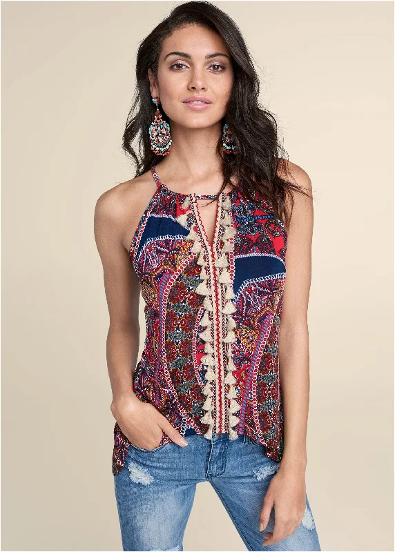 Paisley print tassel top - Red Multi