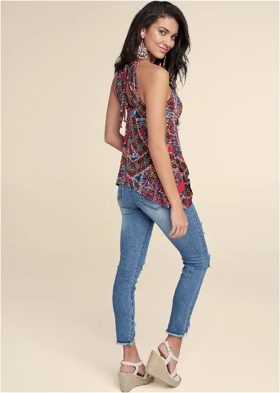 Paisley print tassel top - Red Multi