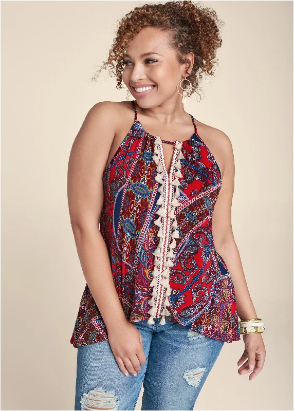 Paisley print tassel top - Red Multi