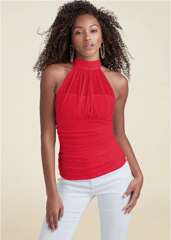 Mesh mock-neck top - Red