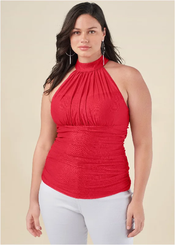 Mesh mock-neck top - Red