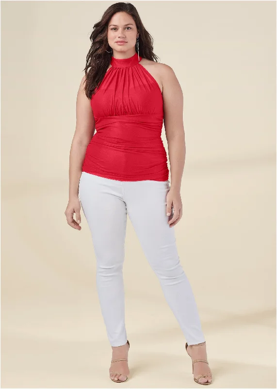 Mesh mock-neck top - Red