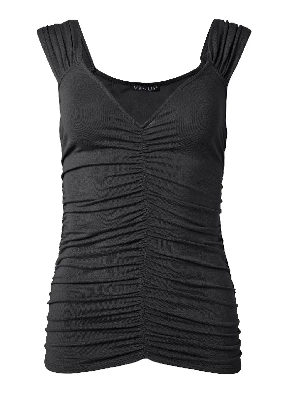 Deep-V ruched tank top - Black