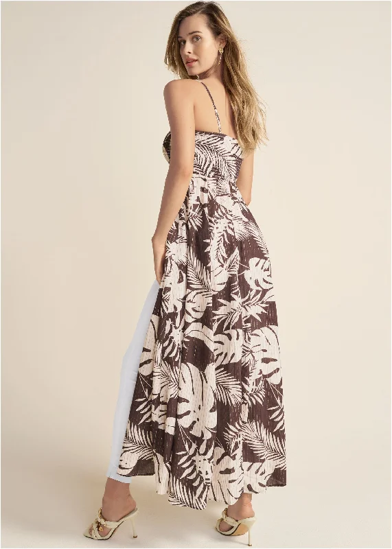 Palm print smocked maxi top - Brown Natural