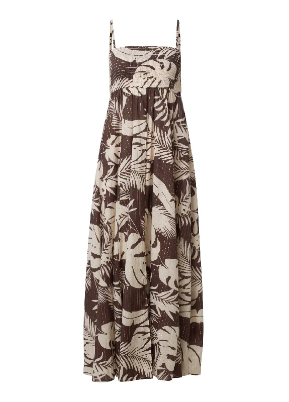 Palm print smocked maxi top - Brown Natural