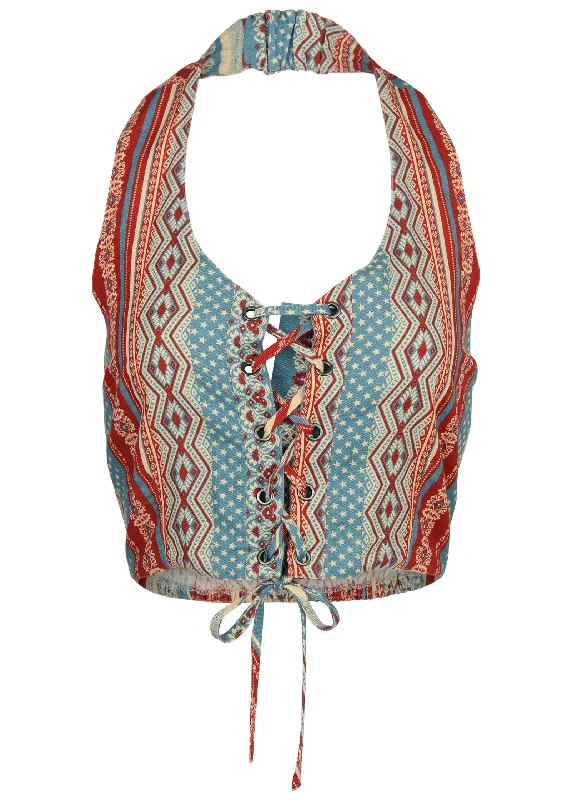 Linen halter lace-up top - Summer Americana Stripe