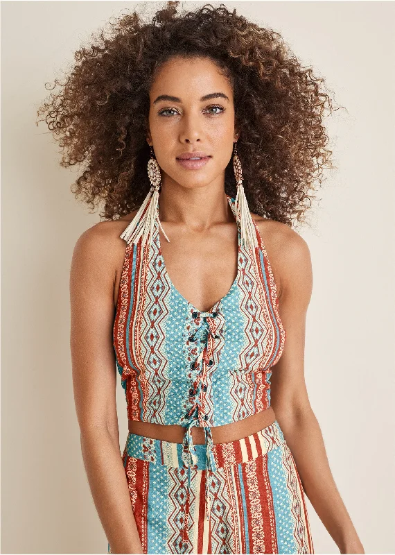 Linen halter lace-up top - Summer Americana Stripe